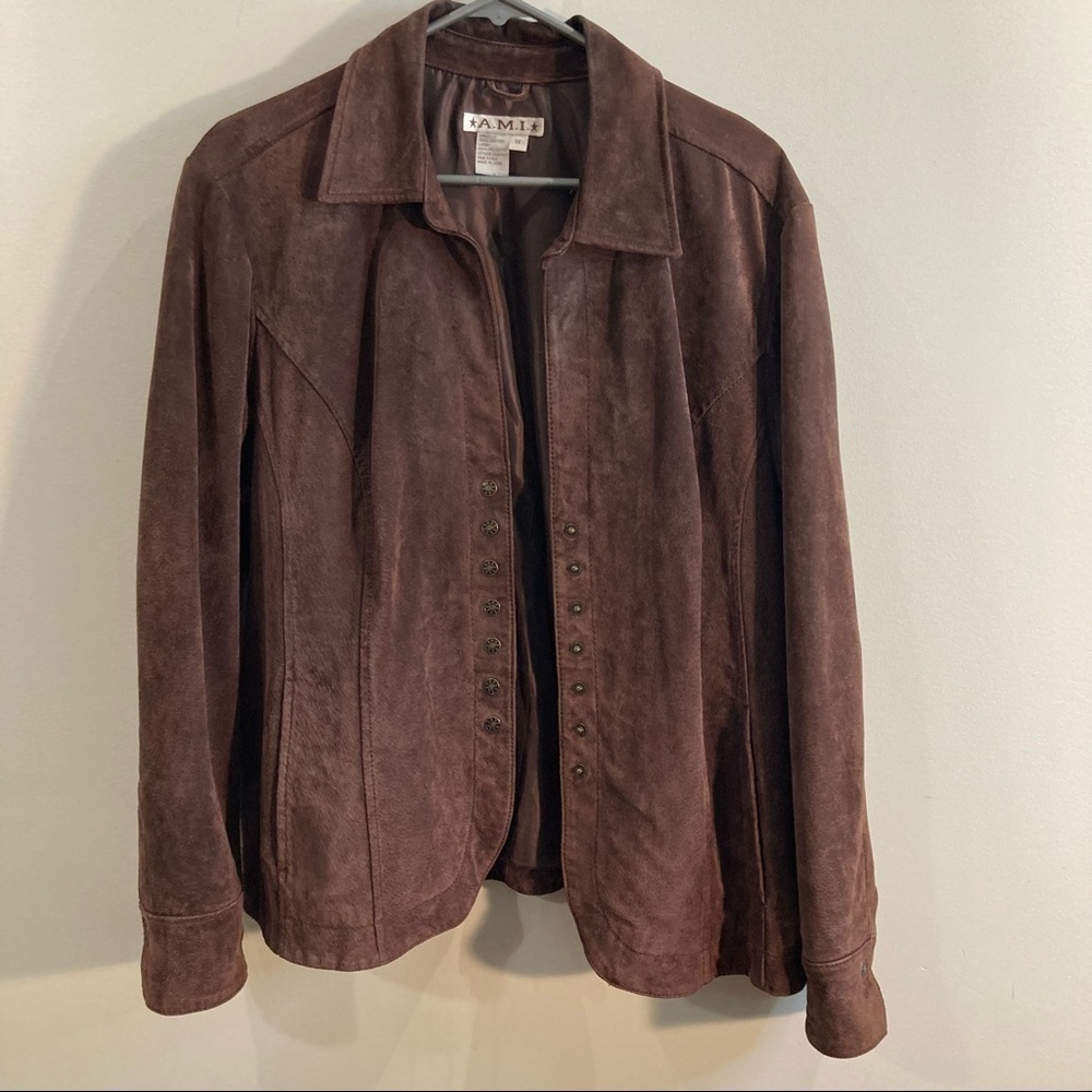 AMI Sz 1X Suede Leather Snap Closure Lined Classic Jacket